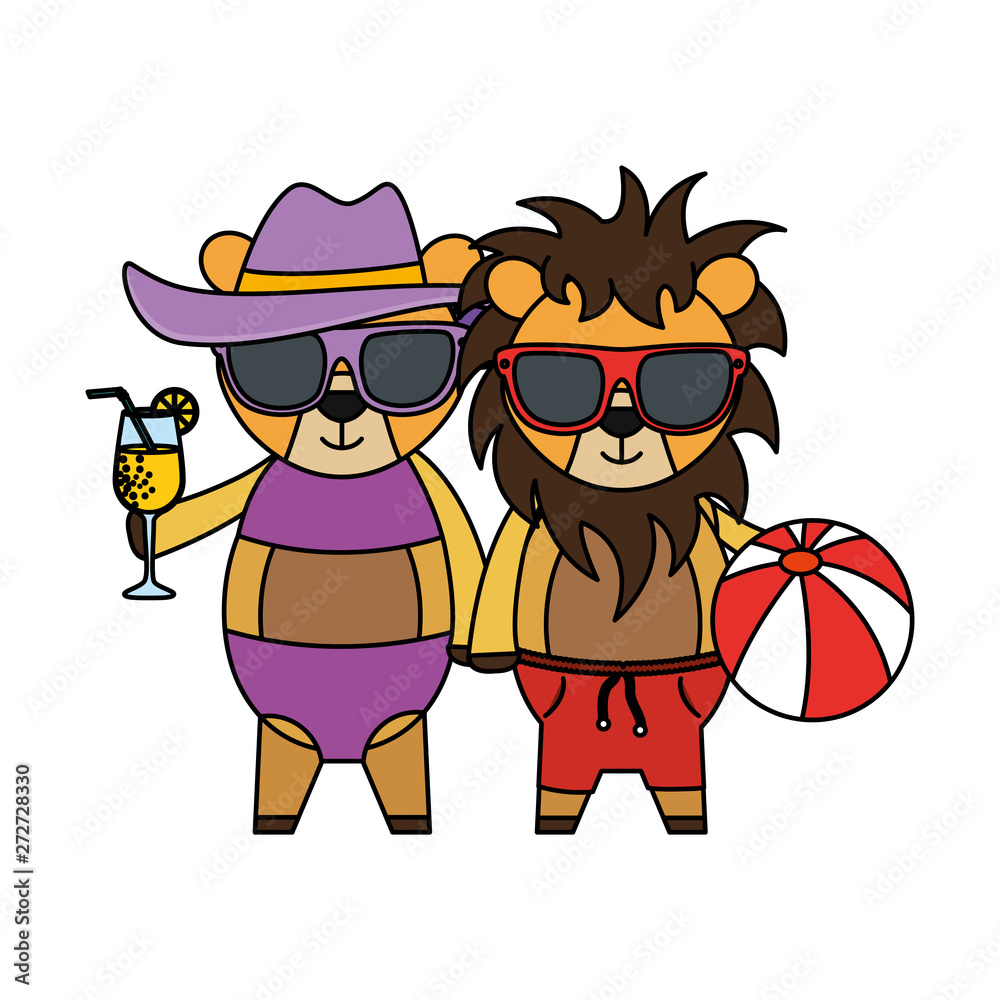 Naklejka premium cute lions couple with cocktail and balloon plastic toy