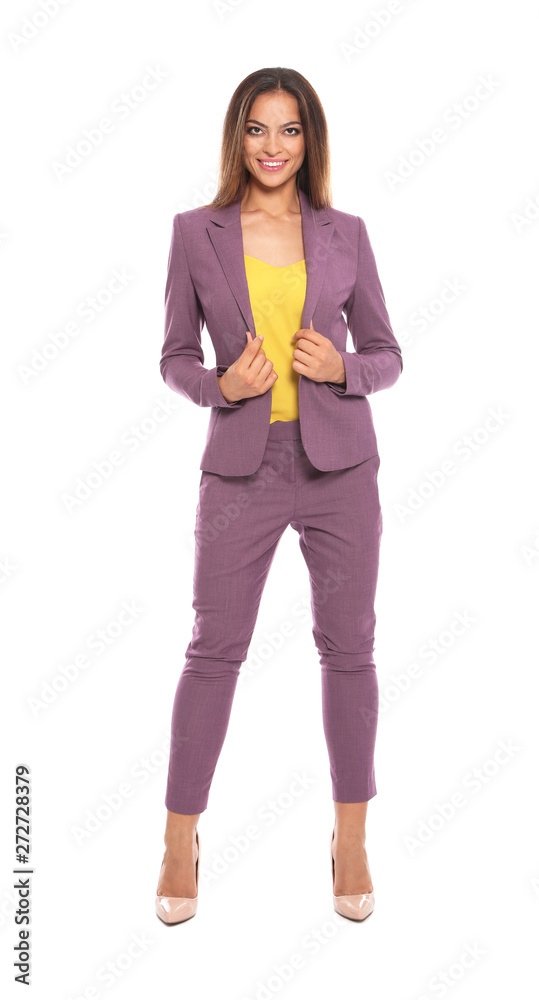 Full length portrait of beautiful young woman in business suit on white background Full length portrait of beautiful young woman in business suit on white background