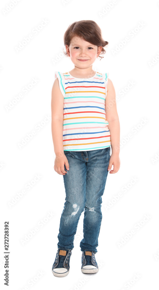 Full length portrait of cute little girl in casual outfit on white background Full length portrait of cute little girl in casual outfit on white background