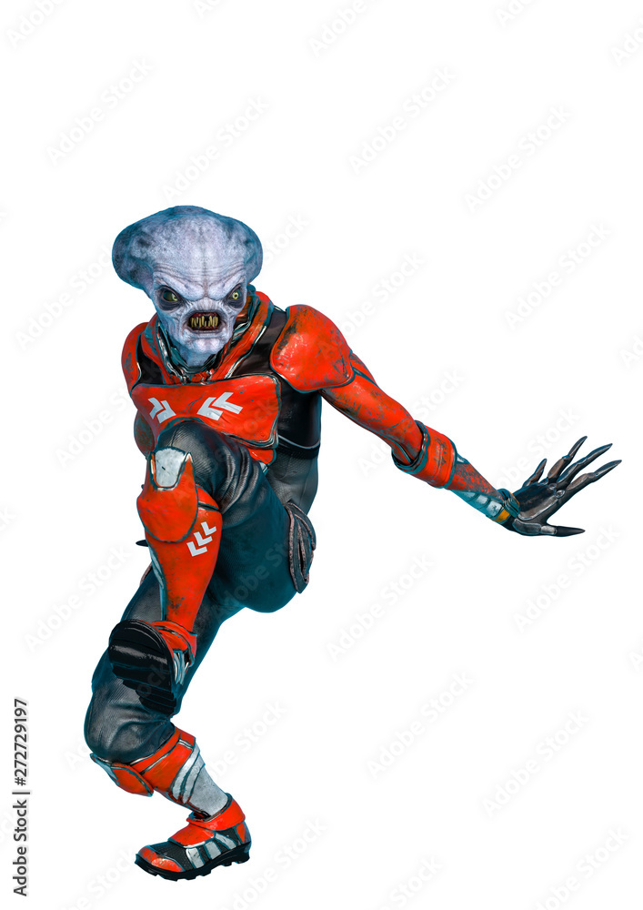 official alien on a sci-fi outfit walking slow in a white background