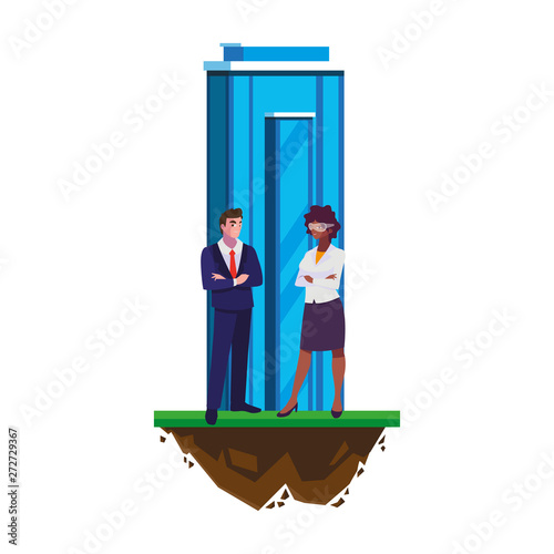 interracial business couple with building