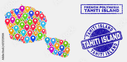 Vector bright mosaic Tahiti Island map and grunge stamp seals. Abstract Tahiti Island map is designed from random bright navigation pointers. Stamp seals are blue, with rectangle and rounded shapes.