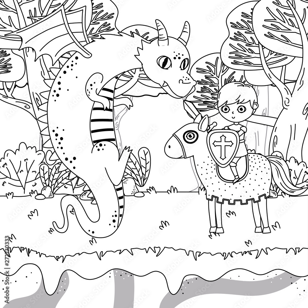 Obraz premium Medieval dragon and knight of fairytale design vector illustration