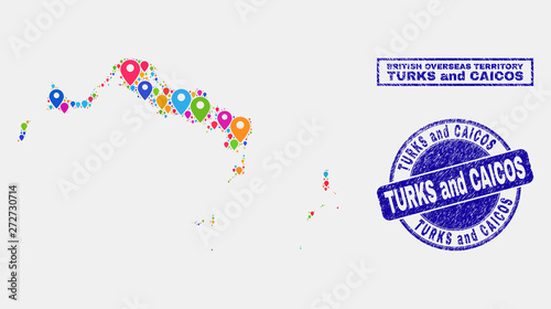 Vector colorful mosaic Turks and Caicos Islands map and grunge stamps. Abstract Turks and Caicos Islands map is composed from scattered colorful navigation symbols. Stamp seals are blue,