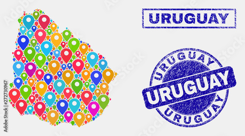 Vector colorful mosaic Uruguay map and grunge stamps. Abstract Uruguay map is composed from scattered colorful site icons. Stamp seals are blue, with rectangle and rounded shapes.