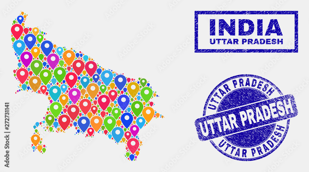 Vector colorful mosaic Uttar Pradesh State map and grunge seals. Flat Uttar Pradesh State map is formed from randomized colorful site icons. Stamp seals are blue, with rectangle and rounded shapes.
