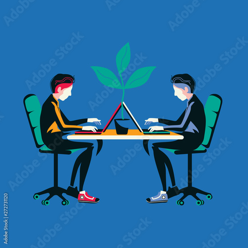 Programmers working on laptops in the office. Freelancers are creating a new digital project. Businessmen work as a team. Vector concept illustration in flat style.