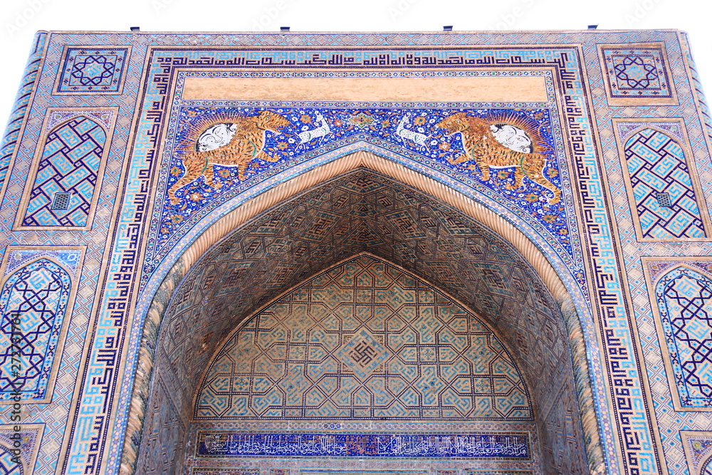 中央アジア　シルクロードの旅　ウズベキスタン　サマルカンド　レギスタン広場　シェルドル･メドレセの獅子