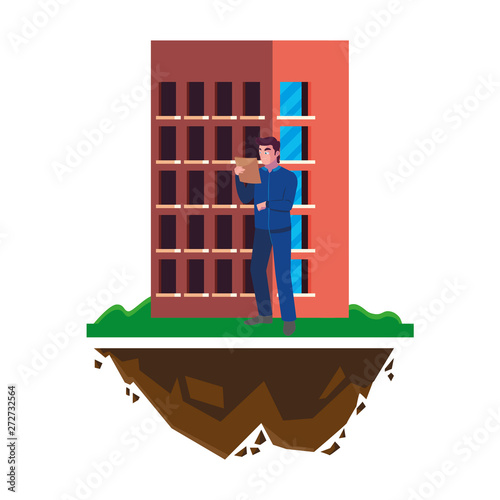 logistic worker with building character