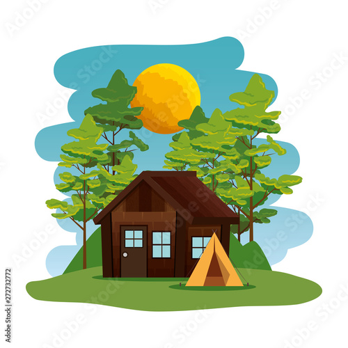 camping zone with camping tent and cabin scene