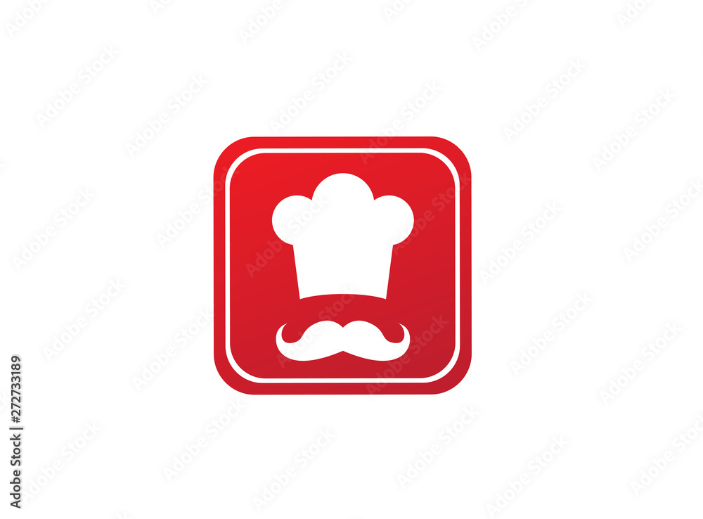Cooker with mustache smile and wear a big hat logo design illustration in a shape