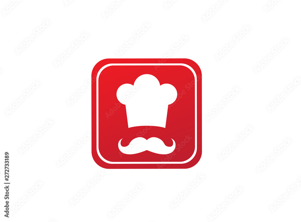 Cooker with mustache smile and wear a big hat logo design illustration in a shape Cooker with mustache smile and wear a big hat logo design illustration in a shape