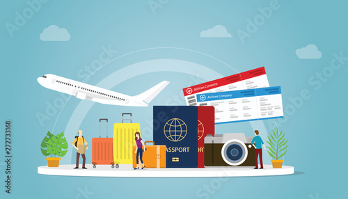 travelling or travel holiday concept with tourist and plane with passport and ticket with modern flat style - vector