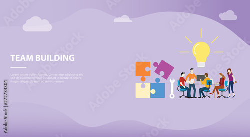 team building concept with big word text and puzzle with team people office company for website template or landing homepage design - vector