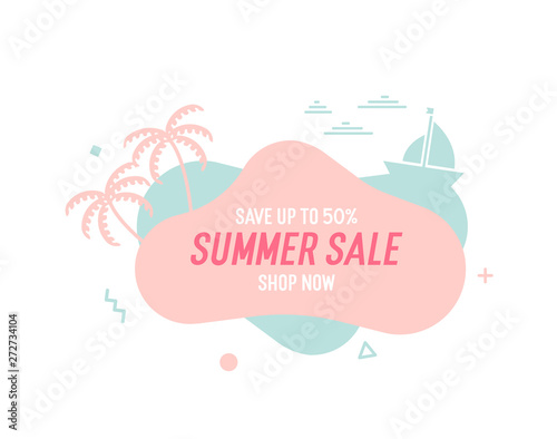 Trendy colorful summer sale banner with palmtrees, boat and waves.. Vector geometric template liquid and wavy shapes with smooth colors. Modern abstract tropical and seasonal banner design