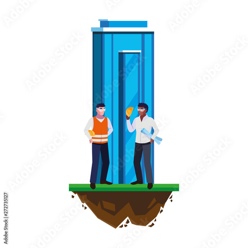 interracial male builders workers with building