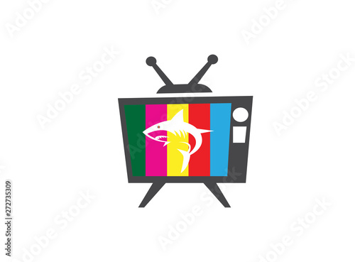 Angry blue shark fish Logo design illustration i an old tv colors shape icon