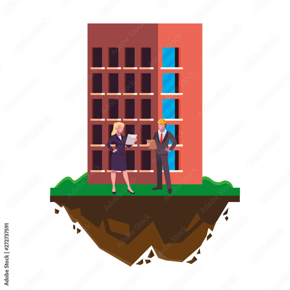 Obraz premium couple of engineers builders with building