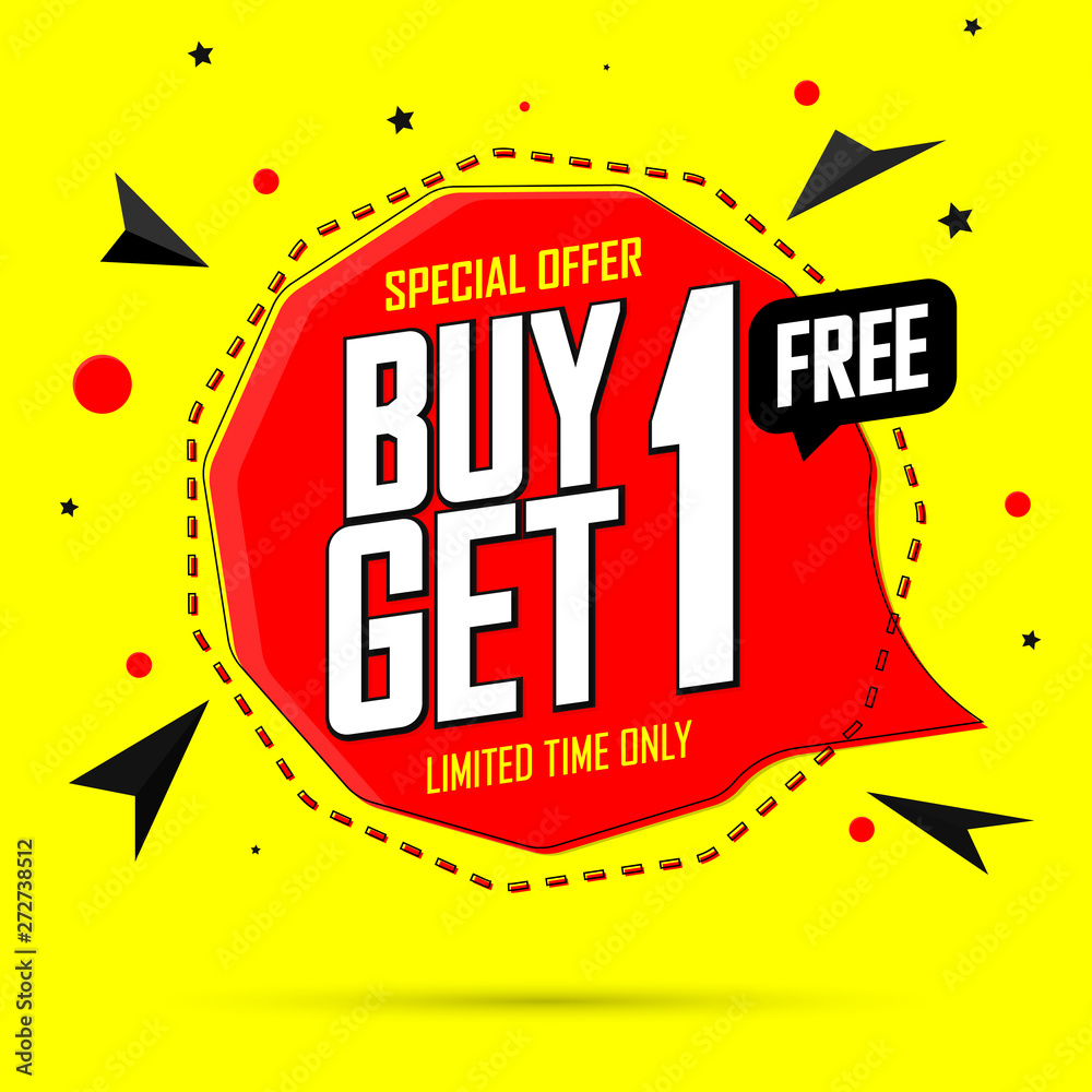Buy 1 Get 1 Free, sale tag design template, discount speech bubble banner,  special offer, app icon, vector illustration Stock Vector