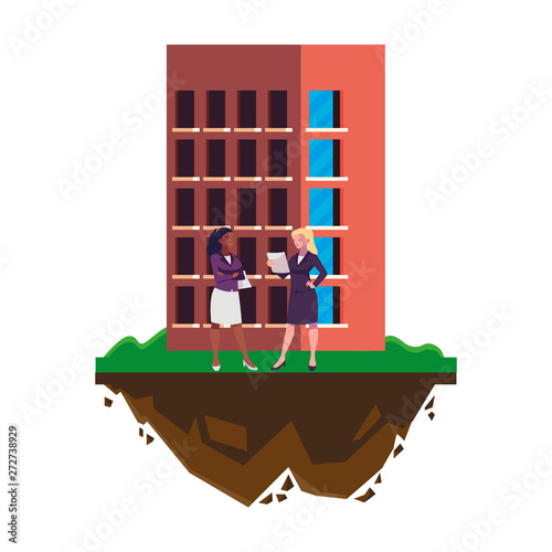 interracial businesswomen with building characters