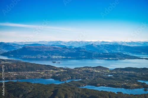 Beautiful aerial view of fjord landscape with small village near Bergen, Norway