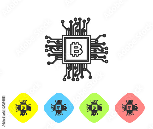 Grey CPU mining farm line icon on white background. Bitcoin sign inside processor. Cryptocurrency mining community. Digital money. Set icon in color rhombus buttons. Vector Illustration