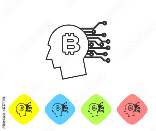 Grey Bitcoin think line icon on white background. Cryptocurrency head. Blockchain technology, bitcoin, digital money market, cryptocoin wallet. Set icon in color rhombus buttons. Vector Illustration