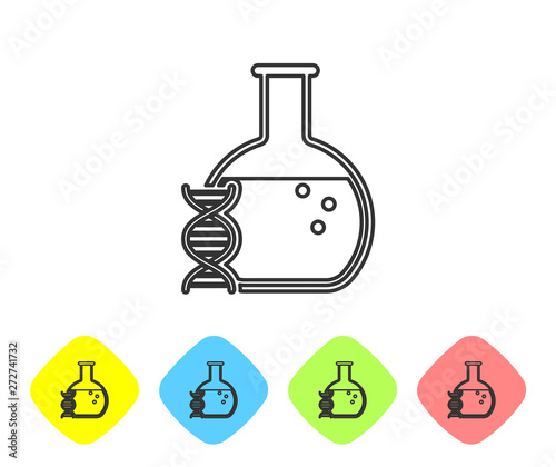 Grey DNA research, search line icon isolated on white background. Genetic engineering, genetics testing, cloning, paternity testing. Set icon in color rhombus buttons. Vector Illustration