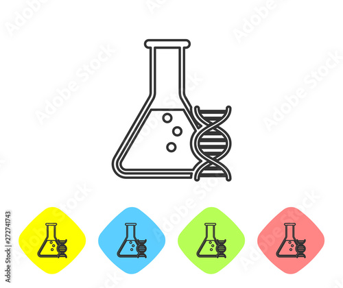 Grey DNA research, search line icon isolated on white background. Genetic engineering, genetics testing, cloning, paternity testing. Set icon in color rhombus buttons. Vector Illustration