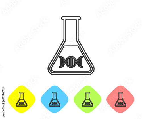 Grey DNA research, search line icon isolated on white background. Genetic engineering, genetics testing, cloning, paternity testing. Set icon in color rhombus buttons. Vector Illustration