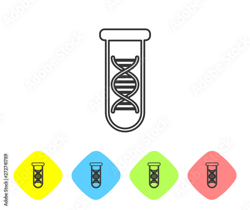 Grey DNA research, search line icon isolated on white background. Genetic engineering, genetics testing, cloning, paternity testing. Set icon in color rhombus buttons. Vector Illustration