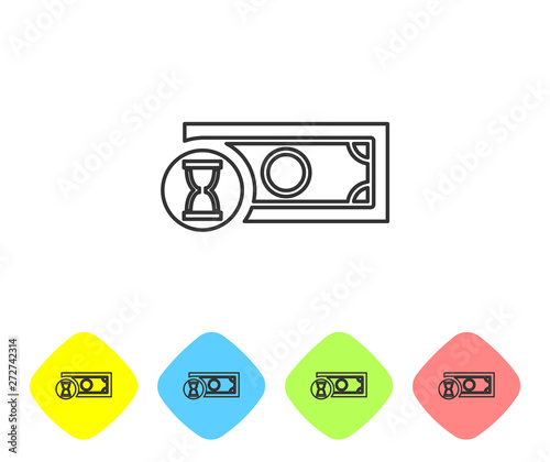 Grey Fast payments line icon on white background. Fast money transfer payment. Financial services, fast loan, time is money, cash back concept. Set icon in color rhombus buttons. Vector Illustration