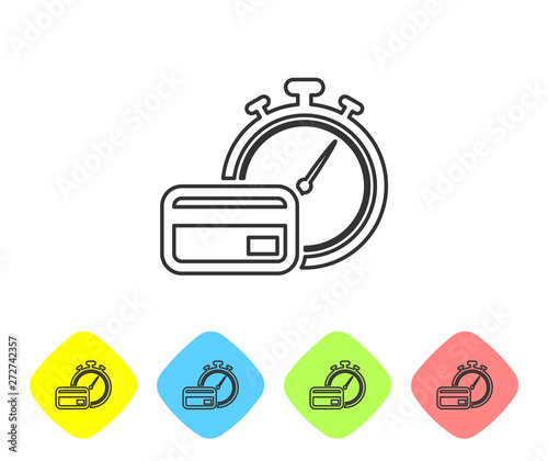 Grey Fast payments line icon on white background. Fast money transfer payment. Financial services, fast loan, time is money, cash back concept. Set icon in color rhombus buttons. Vector Illustration