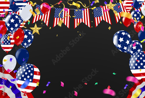 4th of july usa independence day, vector template with american flag and colored balloons on blue shining starry background. Fourth of july, USA national holiday