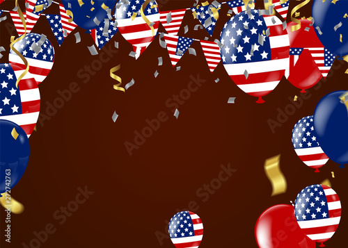 4th of july usa independence day, vector template with american flag and colored balloons on blue shining starry background. Fourth of july, USA national holiday