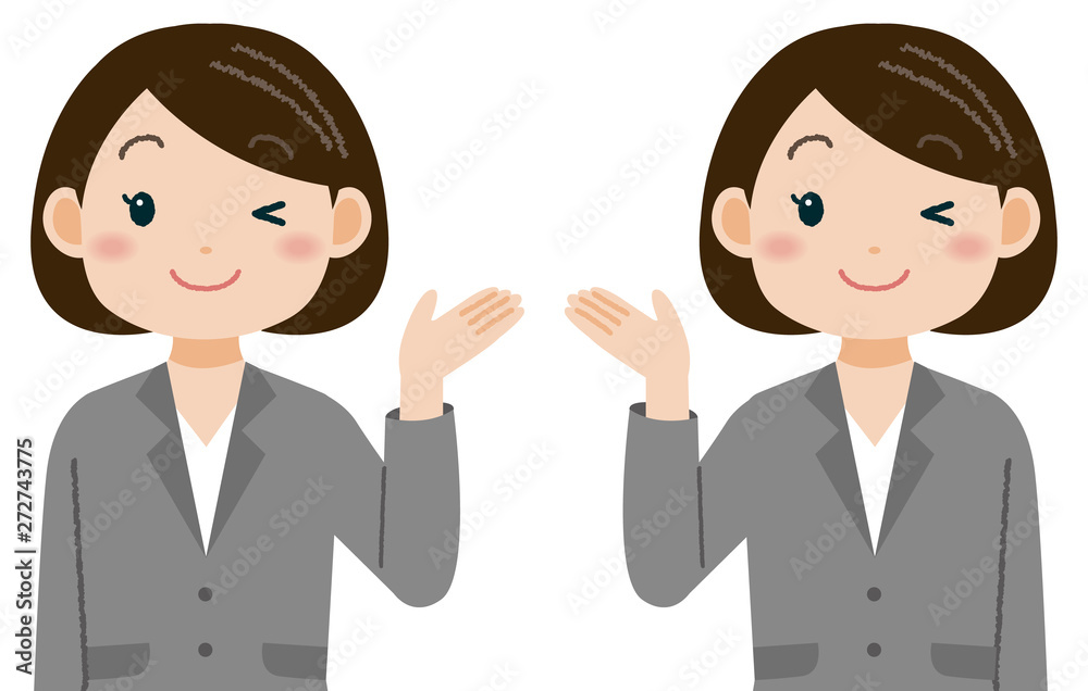 ウインクして手を差し出すスーツの女性 案内 ウインクして手を差し出すスーツの女性 案内