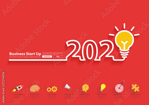 2020 new year with creative light bulb idea  design, Inspiration start up business plan, marketing strategy, teamwork, brainstorm concept, Vector illustration modern layout template