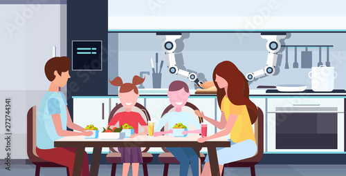 smart handy chef robot rolling dough for family sitting at dinning table robotic assistant innovation technology artificial intelligence concept modern kitchen interior flat horizontal portrait