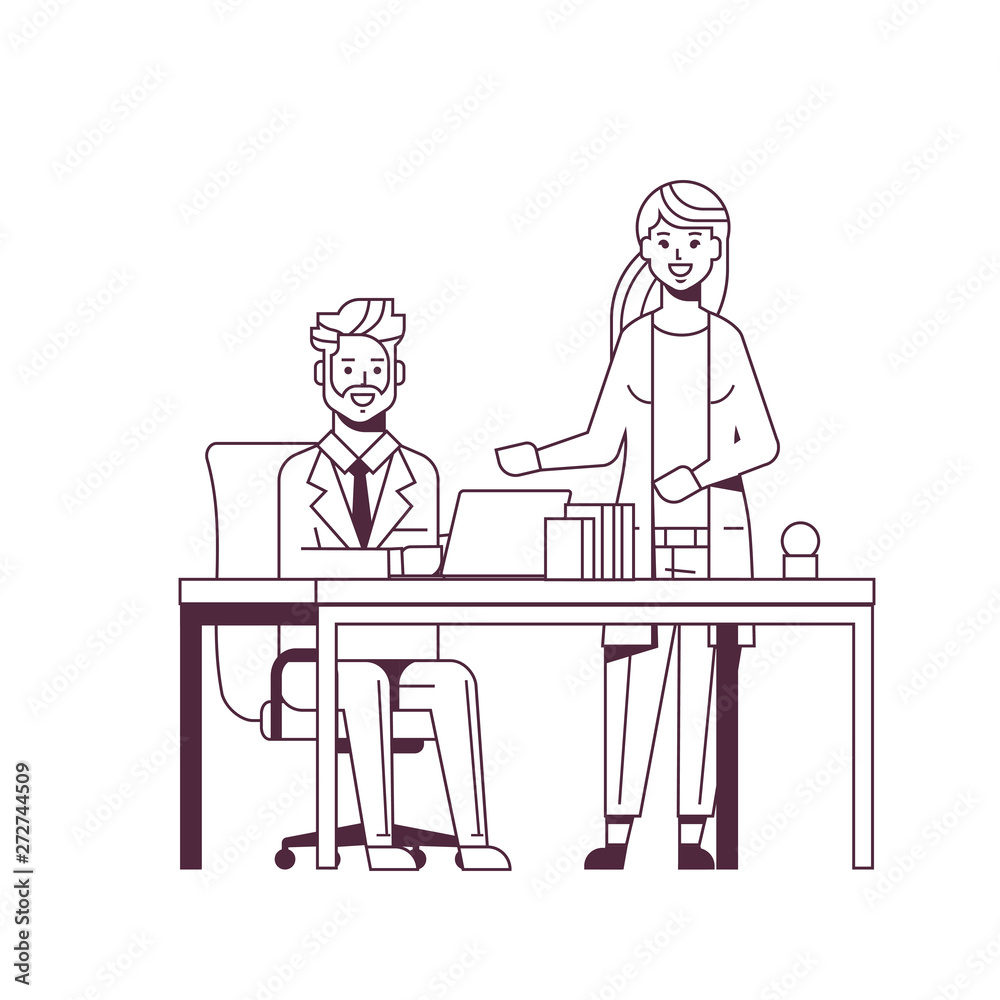 businessman with female assistant using laptop discussing new project during meeting at workplace teamwork concept couple working together sketch line hand drawn full length businessman with female assistant using laptop discussing new project during meeting at workplace teamwork concept couple working together sketch line hand drawn full length