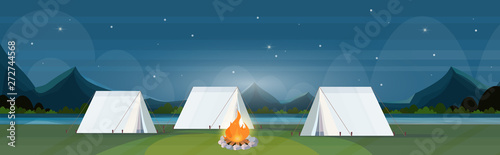 tent camping area with campfire night campsite summer camp travel vacation concept mountains landscape beautiful nature background flat horizontal