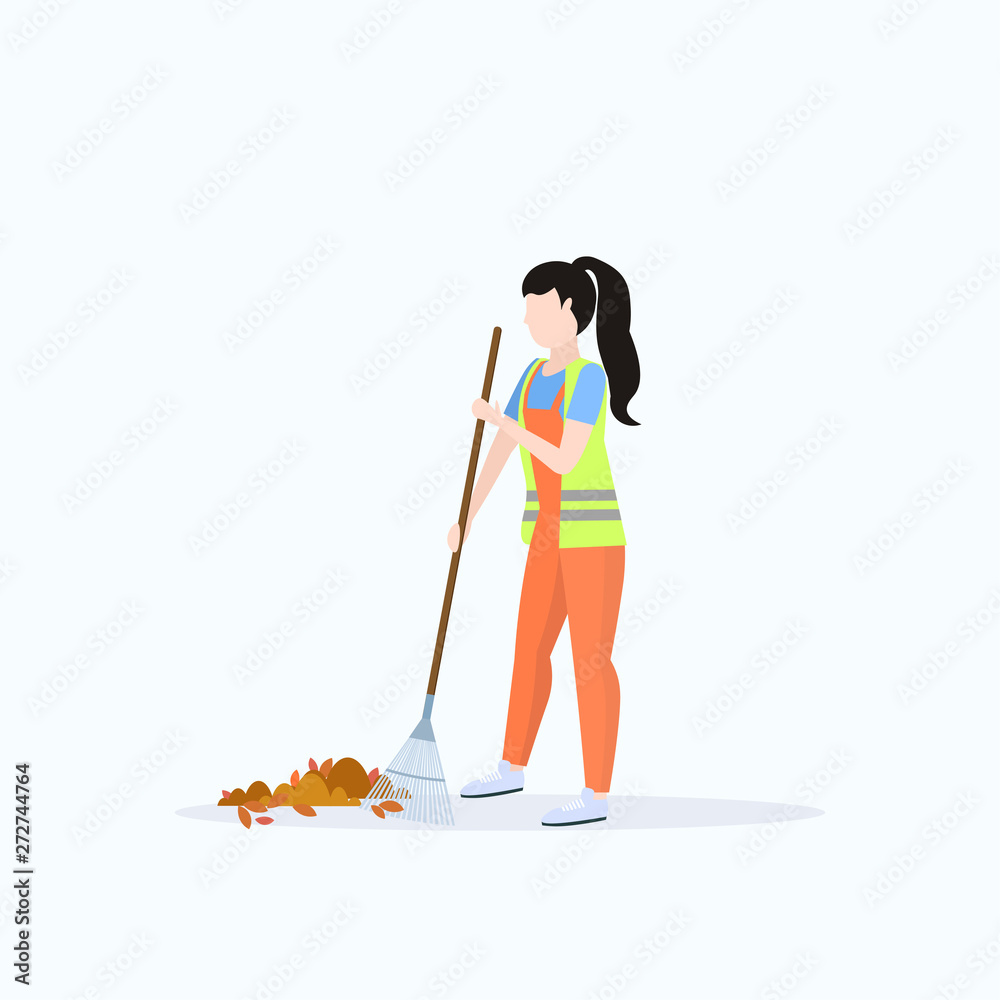 Female street cleaner holding rake woman sweeping Female street cleaner holding rake woman sweeping