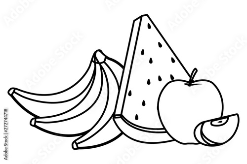 delicious mix of fruit cartoon in black and white