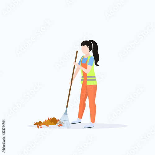 Female street cleaner holding rake woman sweeping