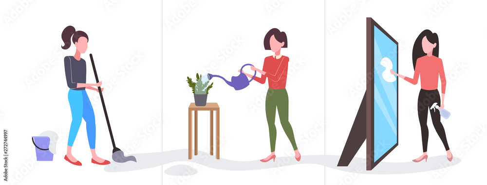 set woman cleaner wiping glass mirror mopping floor watering plants girl doing housework different housekeeping collection full length flat horizontal