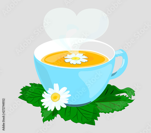 Chamomile. Chamomile tea. Blue mug of tea. Vector