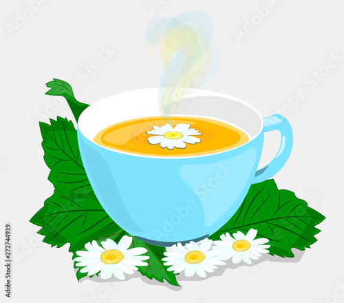 Chamomile. Chamomile tea. Blue mug of tea. Vector