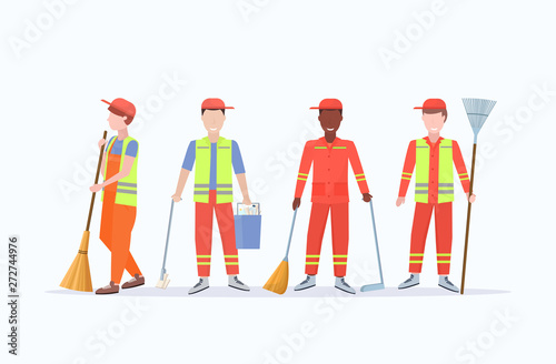 men street cleaners in uniform holding different tools mix race male workers standing together cleaning service concept flat full length white background horizontal vector illustration