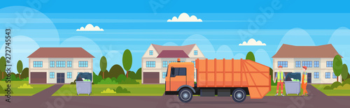 orange garbage truck urban sanitary vehicle loading recycling bins waste recycling concept modern cottage house countryside background flat horizontal banner © mast3r