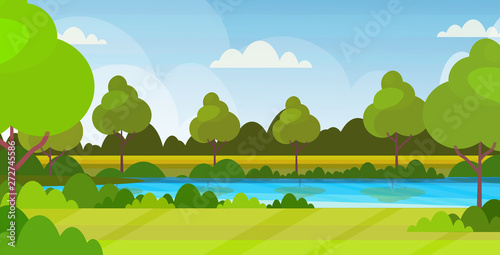 Fototapeta Naklejka Na Ścianę i Meble -  beautiful scenery in nature of river with trees around summer landscape background flat horizontal