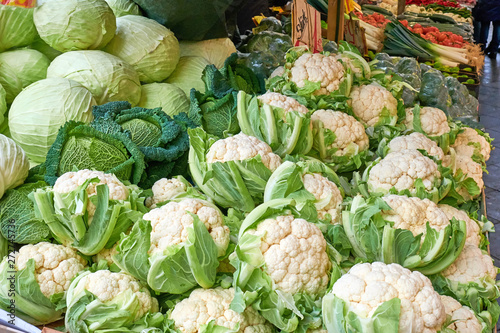Cauliflower and cabbage for sale at a market